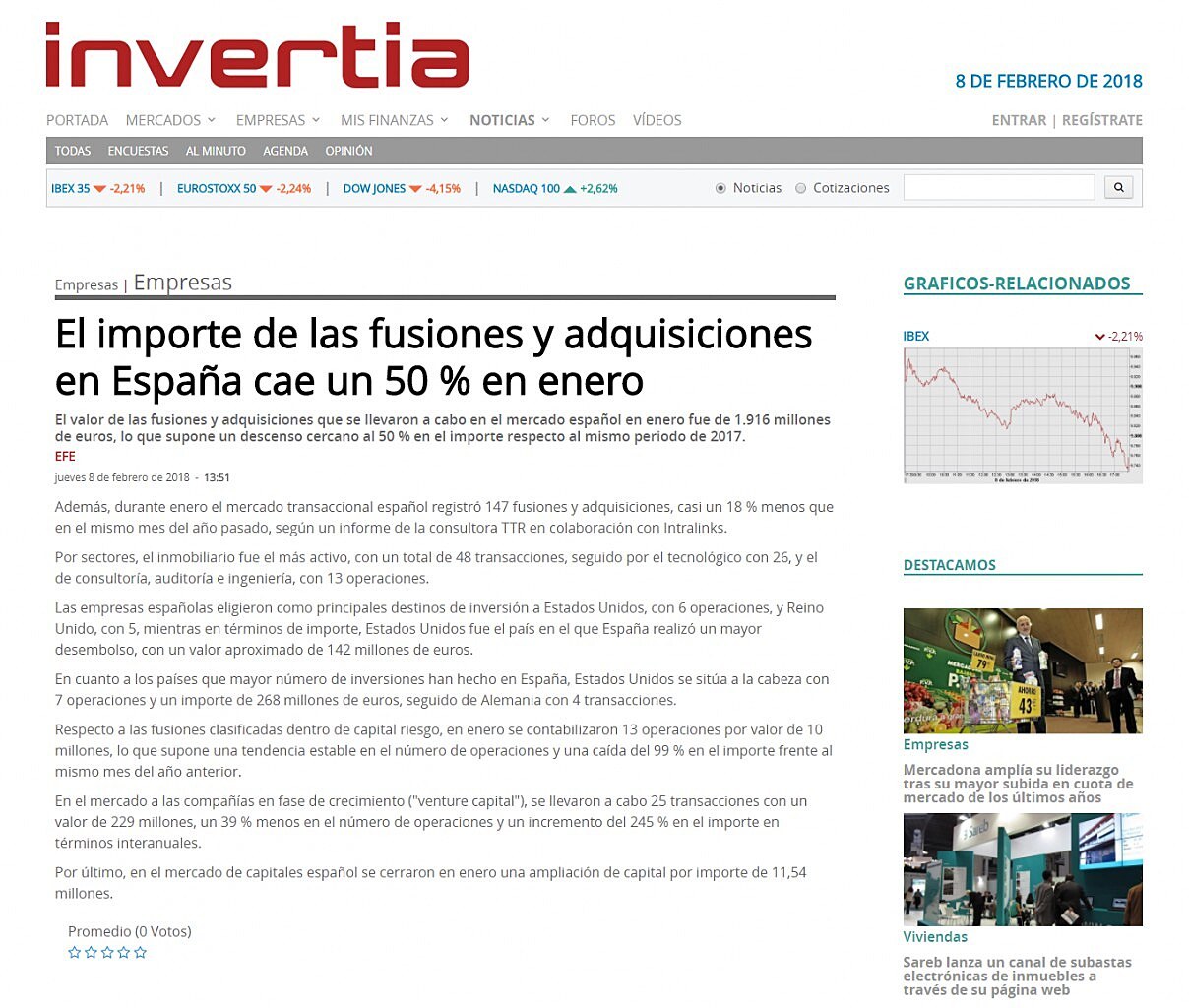 El importe de las fusiones y adquisiciones en Espaa cae un 50 % en enero